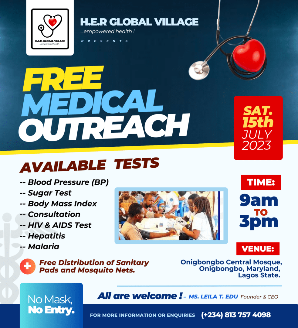 A flyer for medical outreach event with blood pressure test, hiv / aids and aids testing.